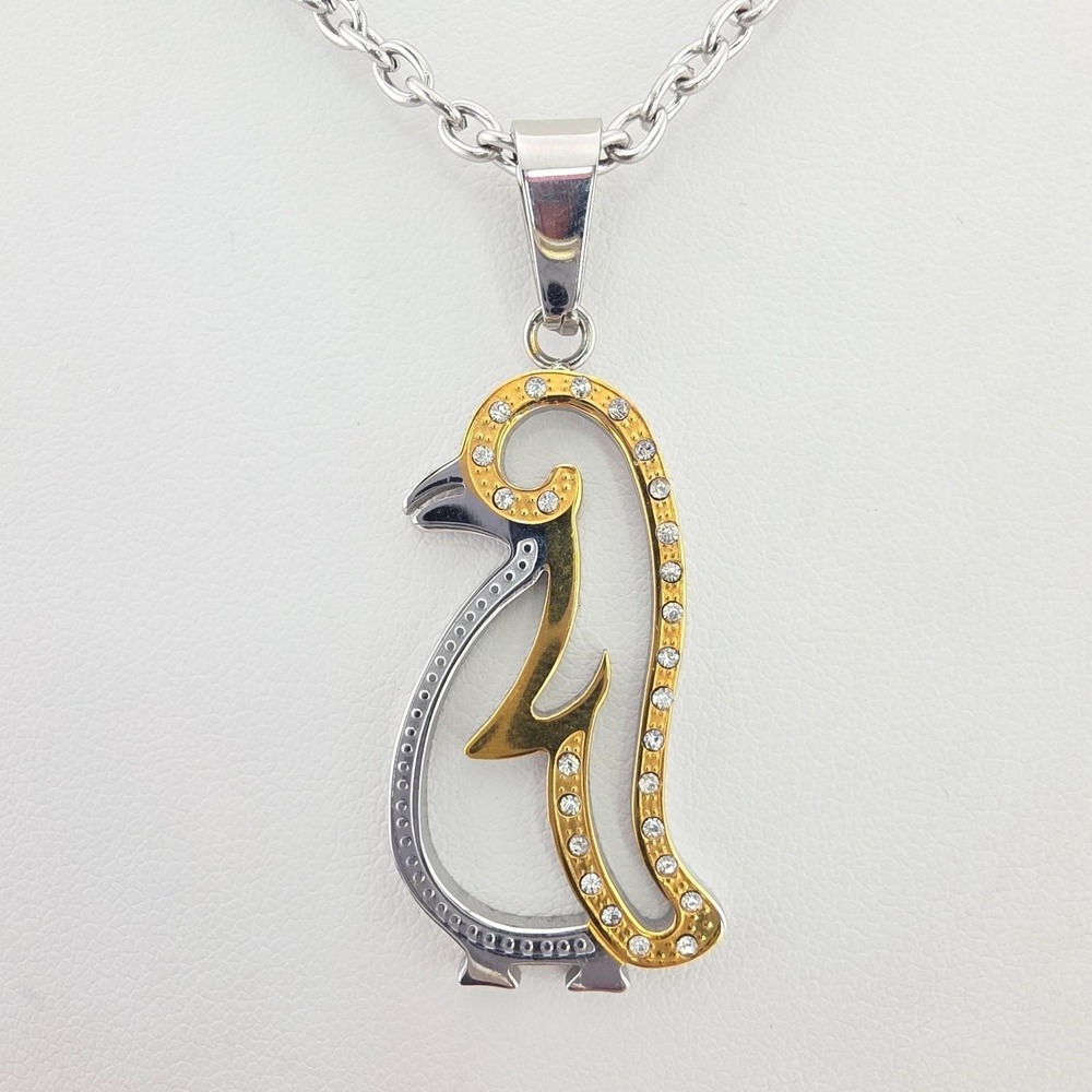 Penguin Pendent Necklace Accented CZ Crystal Studded Silver & Gold Tone 20"